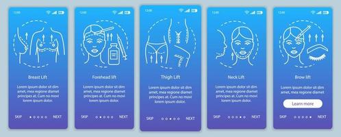 kosmetisches chirurgisches Hebeverfahren beim Onboarding der Bildschirmvektorvorlage für mobile App-Seiten. Oberschenkel, Halsstraffung. Walkthrough-Website-Schritte mit linearen Illustrationen. ux, ui, gui smartphone-schnittstellenkonzept vektor