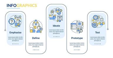 Infografik-Vorlage für Design-Thinking-Prozessrechteck. Projektarbeit. Datenvisualisierung mit 5 Schritten. Info-Diagramm zur Prozesszeitachse. Workflow-Layout mit Liniensymbolen. vektor