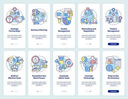 affärsutveckling onboarding mobil app skärmuppsättning. företagstillväxt genomgång 5 steg grafiska instruktioner sidor med linjära koncept. ui, ux, gui mall. vektor