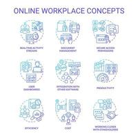 online arbetsplats blå gradient koncept ikoner set. affärsverktyg. virtuella kontor idé tunn linje färg illustrationer. isolerade symboler. redigerbar linje. vektor