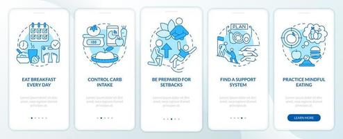 kontrolliere das gewicht nach der diät blauer onboarding-bildschirm der mobilen app. Komplettlösung 5 Schritte grafische Anleitungsseiten mit linearen Konzepten. ui, ux, gui-Vorlage. vektor