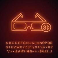 3D-Brille Neonlicht-Symbol. polarisierte Anaglyphenbrille. leuchtendes zeichen mit alphabet, zahlen und symbolen. vektor isolierte illustration