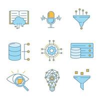 Farbsymbole für maschinelles Lernen festgelegt. künstliche Intelligenz. Datenbank. ai. Digitale Technologie. isolierte Vektorgrafiken vektor