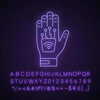 Symbol für menschliches Mikrochip-Implantat in der Hand mit Neonlicht. NFC-Implantat. implantierter RFID-Transponder. leuchtendes zeichen mit alphabet, zahlen und symbolen. vektor isolierte illustration