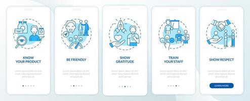 kundendienst blauer onboarding-bildschirm der mobilen app. Kundenhilfe Walkthrough 5 Schritte grafische Anleitungsseiten mit linearen Konzepten. ui, ux, gui-Vorlage vektor