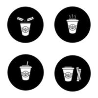 Glyphensymbole für Teegetränke gesetzt. Detox-Cocktails. Vektor weiße Silhouetten Illustrationen in schwarzen Kreisen