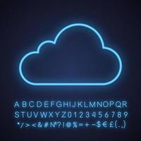 Symbol für Cloud-Computing-Neonlicht. blau am himmel. leuchtendes zeichen mit alphabet, zahlen und symbolen. vektor isolierte illustration