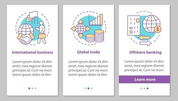 internationale beziehungen onboarding mobiler app-seitenbildschirm mit konzepten. bankwesen, globaler handel, internationale geschäftsschritte grafische anweisungen. ux, ui, gui-vektorvorlage mit illustrationen vektor