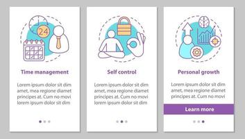 persönliche qualitäten beim onboarding des mobilen app-seitenbildschirms mit linearen konzepten. zeitmanagement, selbstkontrolle, persönliche wachstumsschritte grafische anweisungen. ux, ui, gui-vektorvorlage mit illustrationen vektor