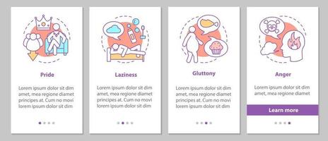 Deadly sins onboarding mobilapps sidskärm med linjära koncept. stolthet, lättja, frosseri, ilska steg grafiska instruktioner. ux, ui, gui vektormall med illustrationer vektor