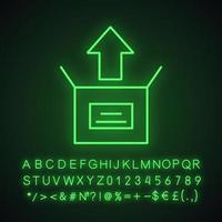 Unboxing-Symbol für Neonlicht. Karton auspacken. leuchtendes zeichen mit alphabet, zahlen und symbolen. vektor isolierte illustration