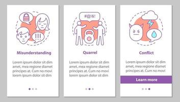 schwierige beziehungen beim onboarding des mobilen app-seitenbildschirms mit linearen konzepten. missverständnis, streit, konfliktschritte grafische anweisungen. ux, ui, gui-vektorvorlage mit illustrationen vektor