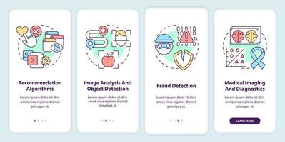Verwendung von maschinellem Lernen beim Onboarding des Bildschirms der mobilen App. Komplettlösung 4 Schritte grafische Anleitungsseiten mit linearen Konzepten. ui, ux, gui-Vorlage. vektor