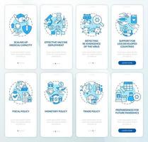 medizinische und geschäftliche weltweite arbeit blauer onboarding-bildschirm für mobile app. Komplettlösung 4 Schritte grafische Anleitungsseiten mit linearen Konzepten. ui, ux, gui-Vorlage. vektor
