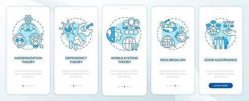 gesellschaftstheorien blauer onboarding-bildschirm der mobilen app. Global Process Walkthrough 5 Schritte grafische Anleitungsseiten mit linearen Konzepten. ui, ux, gui-Vorlage. vektor