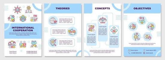 blaue broschürenvorlage für internationale zusammenarbeit. gesellschaftlicher Fortschritt. Broschürendesign mit linearen Symbolen. 4 Vektorlayouts für Präsentationen, Jahresberichte. vektor