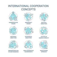 internationellt samarbete turkos koncept ikoner set. global integration för framsteg idé tunn linje färgillustrationer. isolerade symboler. redigerbar linje. vektor