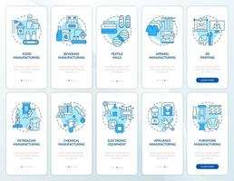 Start des Fertigungsunternehmens Blue Onboarding Mobile App Screen Set. Komplettlösung 5 Schritte grafische Anleitungsseiten mit linearen Konzepten. ui, ux, gui-Vorlage. vektor