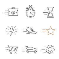 Bewegung lineare Symbole gesetzt. Fliegende Aktentasche, Stoppuhr, Sanduhr, Sneaker, Stern, Zahnrad, Auto, schnelles Einkaufen, Blitz. dünne Linienkontursymbole. isolierte vektorumrissillustrationen vektor