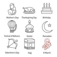 helgdagar linjära ikoner set. mors och alla hjärtans dagar, födelsedag, ballongfestival, påsk, ramadan, hajj, 8 mars, tacksägelsedagen. tunn linje kontursymboler vektor
