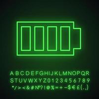 Symbol für voll aufgeladenes Neonlicht der Batterie. Ladung abgeschlossen. Batteriestandsanzeige. leuchtendes zeichen mit alphabet, zahlen und symbolen. vektor isolierte illustration