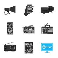 Massenmedien-Glyphen-Symbole gesetzt. Megaphon, Online-Nachrichten, Chat, TV-Controller, Zeitung, Presseausweis, Radio, Zeitschrift, Fernsehnachrichten. Silhouettensymbole. vektor isolierte illustration