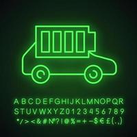 Symbol für voll aufgeladene Elektroautobatterie mit Neonlicht. Autoladung abgeschlossen. umweltfreundliche Batteriestandsanzeige für Autos. leuchtendes zeichen mit alphabet, zahlen. vektor isolierte illustration