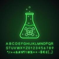 Symbol für Neonlicht der Giftflasche. kochende giftige flüssigkeit mit gekreuzten knochen und blasen. leuchtendes zeichen mit alphabet, zahlen und symbolen. vektor isolierte illustration