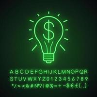 Geschäftsidee Neonlicht-Symbol. Glühbirne mit Dollarzeichen. erfolgreiche Geschäftsidee. leuchtendes zeichen mit alphabet, zahlen und symbolen. vektor isolierte illustration