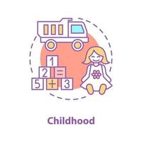 Kinderspielzeug-Konzept-Symbol. kindheitsidee dünne linie illustration. Zahlenwürfel, Puppe, Spielzeuglastwagen. Vektor isoliert Umrisszeichnung