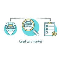 begagnad bil marknaden koncept ikon. bil spårning idé tunn linje illustration. bilverkstad. fordonsdiagnostik. bilsökning. vektor isolerade konturritning