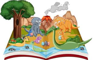 Aufgeschlagenes Buch mit verschiedenen Dinosauriern im Wald