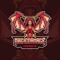 Magic Damage Logo Illustration mit Teufelsflügelfrau, geeignet für Sportlogos, T-Shirt-Designs und Produktidentitäten usw. Charakterlogos. vektor