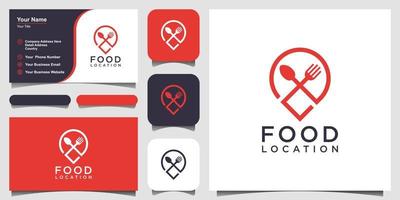 Food-Location-Logo-Design, mit dem Konzept eines Pin-Symbols kombiniert mit einer Gabel und einem Löffel. Visitenkarten-Design vektor