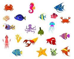 Set aus Meeresfischen und Algen, Krabben, Seepferdchen, Seesternen, Tintenfischen, Krebsen. Vektor isoliert auf weißem Hintergrund