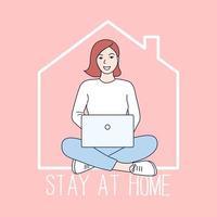 stanna hemma-affischen med flickan på bärbar dator vektor