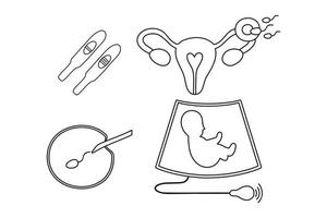 Symbole für Geburtshilfe festgelegt. Ultraschall, künstliche Befruchtung, Schwangerschaft, Fötus, intrauterine Insemination, Schwangerschaftstest. vektor