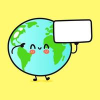 süßer lustiger planet erde mit plakat. vektor hand gezeichnete karikatur kawaii charakter illustration symbol. isoliert auf gelbem Hintergrund. Planet Erde denken Konzept