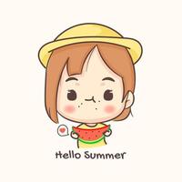 söt flicka äter vattenmelon. sommarlov och semester. Chibi seriefigur. platt vektorillustration vektor
