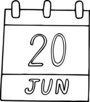 kalender hand dras i doodle stil. 20 juni. Världsflyktingdagen, internationell handling för elefanter i djurparker, jongleringsdatum. ikon, klistermärke element för design. planering, affärssemester vektor