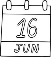 kalender hand dras i doodle stil. 16 juni internationella dagen för det afrikanska barnet, familjeöverföringar, datum. ikon, klistermärke element för design. planering, affärssemester vektor