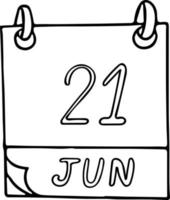 kalender hand dras i doodle stil. 21 juni internationella yogadagen, världshydrografi, humanist, selfie, skateboarddejt. ikon, klistermärke element för design. planering, affärssemester vektor