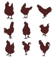 Reihe von Silhouetten einer Henne, eines Hahns und kleiner Küken vektor