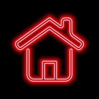 Rotes Neonhaus mit Tür, Dach und Schornstein auf schwarzem Hintergrund vektor