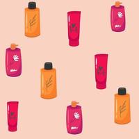 flache nahtlose musterkarikatur von cremetuben mit handcreme, kosmetikflaschen, kosmetikspendern und gläsern auf rosa vektor