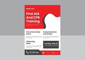 cpr och första hjälpen utbildning flyer affisch mall. HLR utbildningskurs flyer affisch design. design av flygblad för första hjälpen vuxen hjärt-lungräddning. vektor