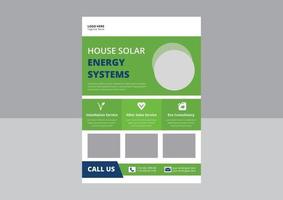 Vorlagen für Solarenergie-Flyer, Flyer für Lösungen von Solarexperten. Haus-Solarenergiesystem-Flyer-Design. Green Energy Flyer, Cover, Posterdesign. vektor