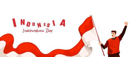 unga indonesiska firar Indonesiens självständighetsdag med viftande flagga. människor som flyger den indonesiska flaggan vektor