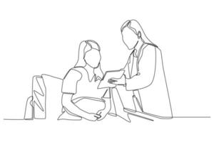 eine einzeilige zeichnung einer patientin konsultiert einen arzt bezüglich seiner krankheit. brauchen ein Arztkonzept. ununterbrochene Linie zeichnen grafische Vektorillustration des Designs. vektor
