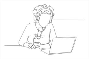 durchgehende einzeilige zeichnung fröhlicher junger frau in kopfhörern, laptop und professionellem mikrofon, das audio-podcast für radio aufzeichnet. modernes frauenkonzept. Vektor-Illustration. vektor